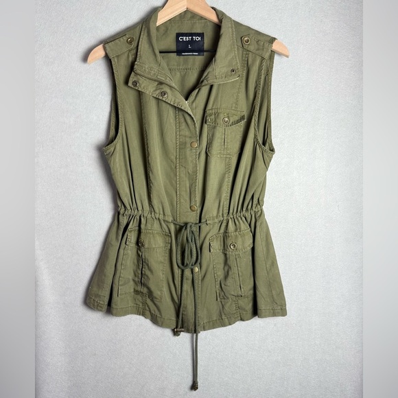 C’est Toi Women’s Olive Green Utility Vest Anorak Relaxed Fit Waist Tie Soft L - Picture 1 of 11